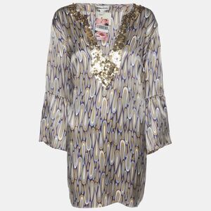 Anna Scholz Multicolor Satin Sequin Embellishment Wide Sleeve V Neck Tunic Xl